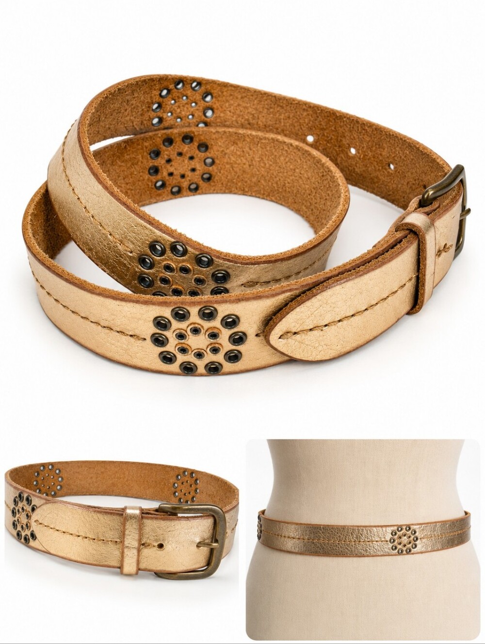 American Eagle Outfitters Distrsssed GoldWestern Metallic Leather Grommet Belt S